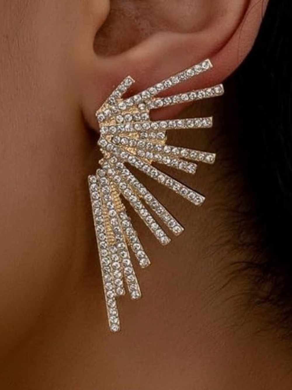 Gold Crystal Burst Fan Drop Earrings - Women Jewelry